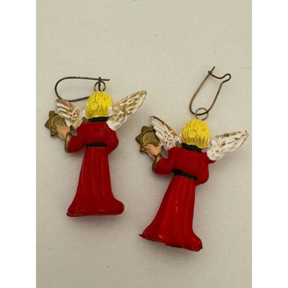 Vintage Christmas Earrings Angels Tambourine Red Robe White Wings MCM Holidays - Picture 2 of 4